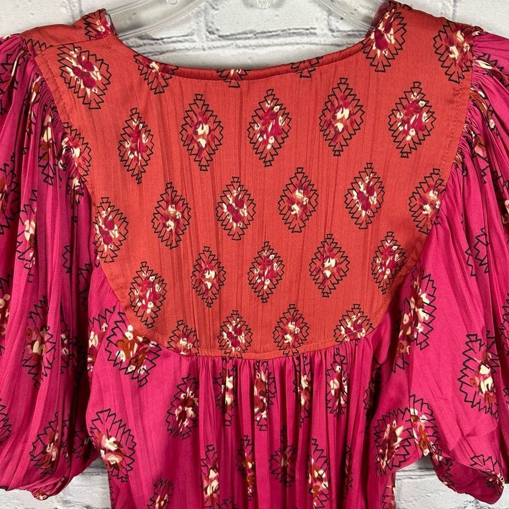 Anthropologie Women’s Top Puffed Sleeve Ikat Floral Henley Relaxed Pink & Red XS - Picture 6 of 9